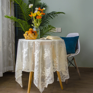 蕾丝餐桌布布艺茶几台布，白色法式镂空复古文艺，田园圆桌床头柜盖布