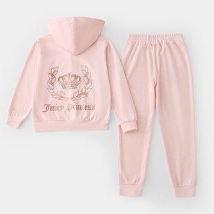 2024春季女童可亲子女孩时尚，高级肉粉色天鹅绒套装休闲运动服