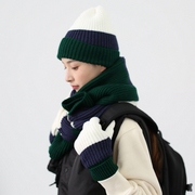 针织帽子围巾手套一体，套装冬天保暖毛线三件套绿白色男女圣诞礼物