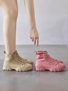 粉色厚底内增高马丁靴女春秋单靴2023年英伦风帆布靴子女短靴