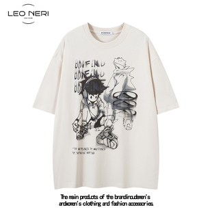 Leo Neri美式高街涂鸦卡通印花短袖情侣夏季嘻哈宽松白搭纯棉T恤