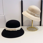 法式赫本风帽子女秋冬珍珠，羊毛呢大檐礼帽，英伦渔夫帽圆顶盆帽毡帽