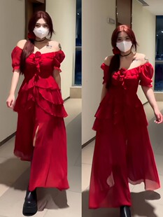 胖妹妹微胖风情万种裙女2024夏季法式温柔风红色不规则连衣裙