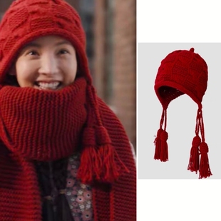 南来北往金晨马燕同款新年红色帽子保暖流苏手工针织护耳帽围巾