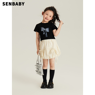 senbaby童装女童t恤女宝宝，夏季套装中大童蝴蝶结，短袖上衣+灯笼裙