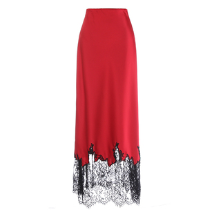 优雅显瘦红色缎面丝绸蕾丝拼接包臀直筒长裙夏季高腰半身裙女