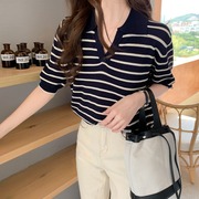 韩版ins设计感夏季复古翻领条纹针织衫上衣宽松百搭气质短袖t恤女