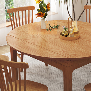 伸缩现代简约白蜡木餐桌北欧全实木圆形餐桌可折叠饭桌组合椅家用