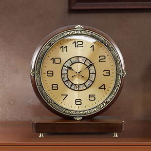 新中式木质金属座钟简约个性钟表复古太重客厅家用大时钟摆钟静音