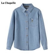 拉夏贝尔lachapelle春季兔子刺绣，口袋牛仔衬衫，女设计感翻领衬衣