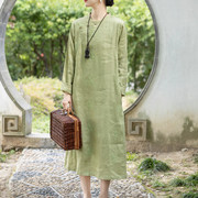 念江南新中式亚麻女装小众原创设计长袖改良旗袍复古棉麻裙子