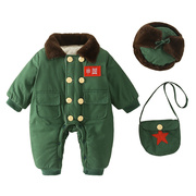 婴幼儿夹棉套装加绒加厚东北军绿大衣，男女宝宝冬季保暖连体小棉袄