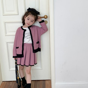 小鹿希希女童小香风，毛衣套装儿童韩版撞色针织，外套+百褶裙两件套