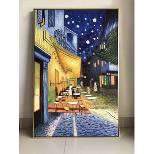 梵高夜间的咖啡馆竖版手绘玄关过道装饰壁画奥弗尔教堂向日葵挂画
