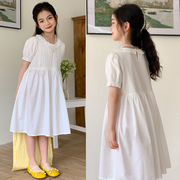 女童白色连衣裙2024夏季花边，宽松大摆裙，儿童公主泡泡袖连衣裙