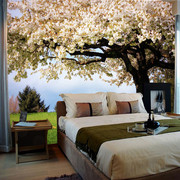 温馨卧室沙发床头背景墙壁纸，风景树林浪漫婚房餐厅装饰3壁画田园