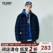 plory2023春季翻领棉衣男士，宽松格子加厚短款保暖外套