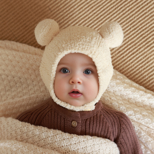 婴儿帽子秋冬季宝宝毛线帽儿童护耳帽珊瑚绒可爱针织男童女童冬款