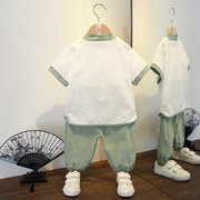 短袖宝宝中国风汉服夏季两件套棉麻表演服男童套装夏装儿童装唐装