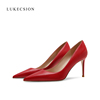 lukecsion红色高跟鞋女2023年性感ol尖头，浅口8cm细跟真皮单鞋