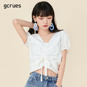 gcrues短款白色衬衫少女设计感抽褶上衣夏短袖V领小衫泡泡袖