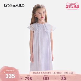 lynnmilo琳麦罗女童连衣裙，2023夏季洋气滴胶花朵，翻领无袖雪纺裙子
