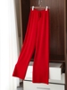 秋冬红色羊毛针织裤女阔腿裤，宽松高腰羊绒直筒小个子加厚拖地长裤