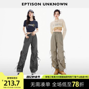 eptison休闲裤女2024年夏季美式复古绑带，镂空高腰直筒工装裤