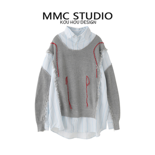 MMC 2023秋冬设计感毛衣拼接衬衫复古气质宽松长袖上衣外套女