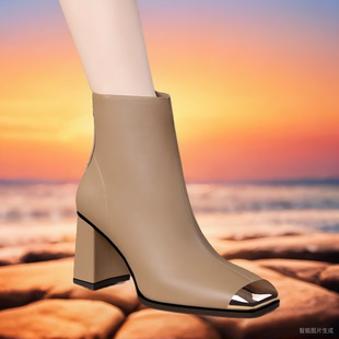 靴子2023年秋季时尚杏色头层牛皮高跟鞋防撞铁头粗跟女士短靴