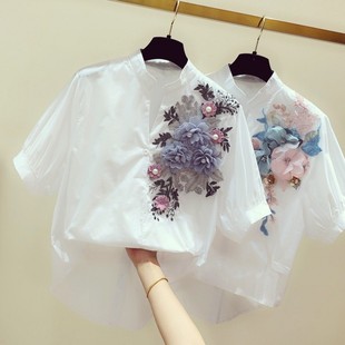 新中式国风新气质手工钉珠刺绣花朵拼接V领短袖衬衫女休闲衬衣潮