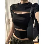 黑色镂空短袖t恤女夏设计感小众美式短款chic甜辣妹修身显瘦上衣