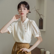 原创设计2024新中式上衣女夏季短袖设计感小众立领衬衫女泡泡袖