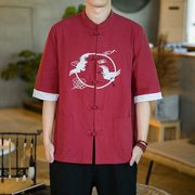 唐装男短袖衬衫夏季中国风潮古装仙鹤刺绣青年新中式国风男装衬衣