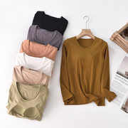 秋冬莫代尔棉50s带胸垫罩杯一体，修身纯色bra长袖打底衫睡衣上装