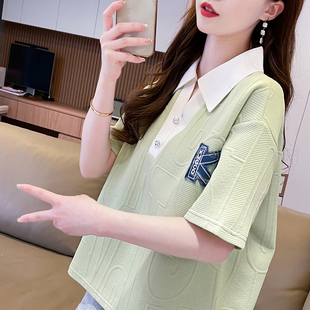 polo领短袖t恤女夏季2024韩版宽松设计感小众撞色假两件上衣