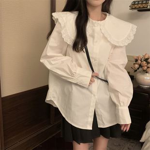 法式白色娃娃领衬衫，女春秋季长袖设计感小众甜美衬衣2023花边上衣