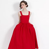 24春夏方领红色小礼服裙子高级感平时可穿无袖收腰大摆吊带连衣裙