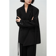chicven2023春秋设计感小众飘带中长垂感黑色，西装外套女套装