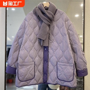 欧货紫色轻薄菱格羽绒棉服女冬季2023小个子短款加厚棉衣外套
