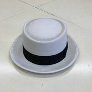 女士小辣椒盆帽白色平顶羊毛呢帽子男绅士爵士休闲礼帽