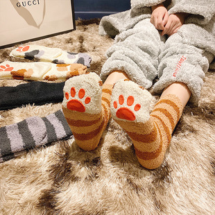 地板袜女珊瑚绒袜子女冬季加厚可爱猫爪，家居毛绒睡觉袜子女睡眠袜