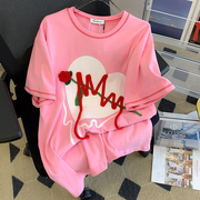 粉色重工立体玫瑰花短袖t恤女夏季设计感小众，宽松爱心上衣潮
