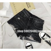 韩国24码黑色高腰破洞格子，牛仔短裤女时尚，潮款超短热裤xs显高腿长
