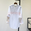 拼接粉色条纹蝙蝠袖棉衬衫女韩版夏季时尚设计感中长款白衬衣(白衬衣)上衣