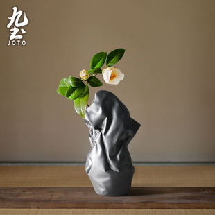日式创意陶瓷花瓶摆件，简约黑白色花器室内客厅，茶几玄关家居装饰品