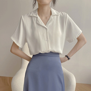 白色衬衫女短袖雪纺2024夏季韩版宽松港味复古西装领职业衬衣