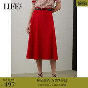 莱芙艾迪儿夏季正红色半身裙通勤简约优雅气质中长款半裙伞裙