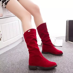 红色中筒高筒长靴子女2024年百搭时装长筒靴网红堆堆靴骑士靴