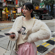 韩国女装LAG2023冬季款时尚宽松V领百搭毛毛长袖休闲短款外套